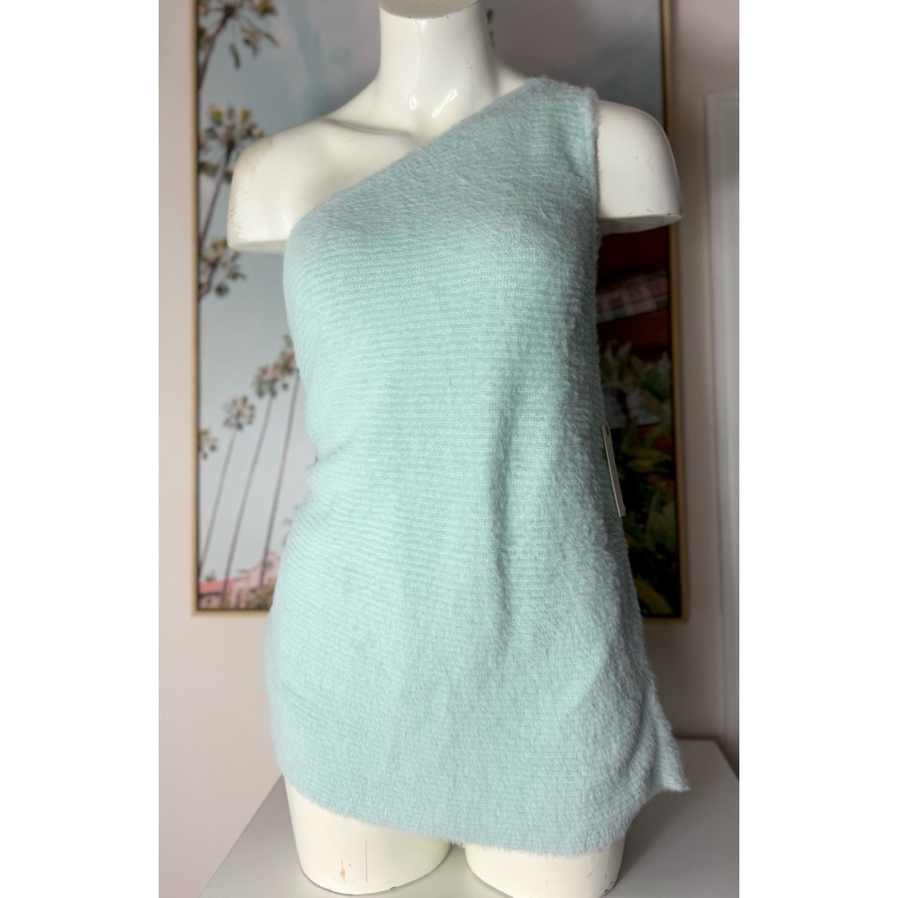Anthropologie Mint Sky Blue One Shoulder Fuzzy Knit Sweater Top Asymmetrical 3X
